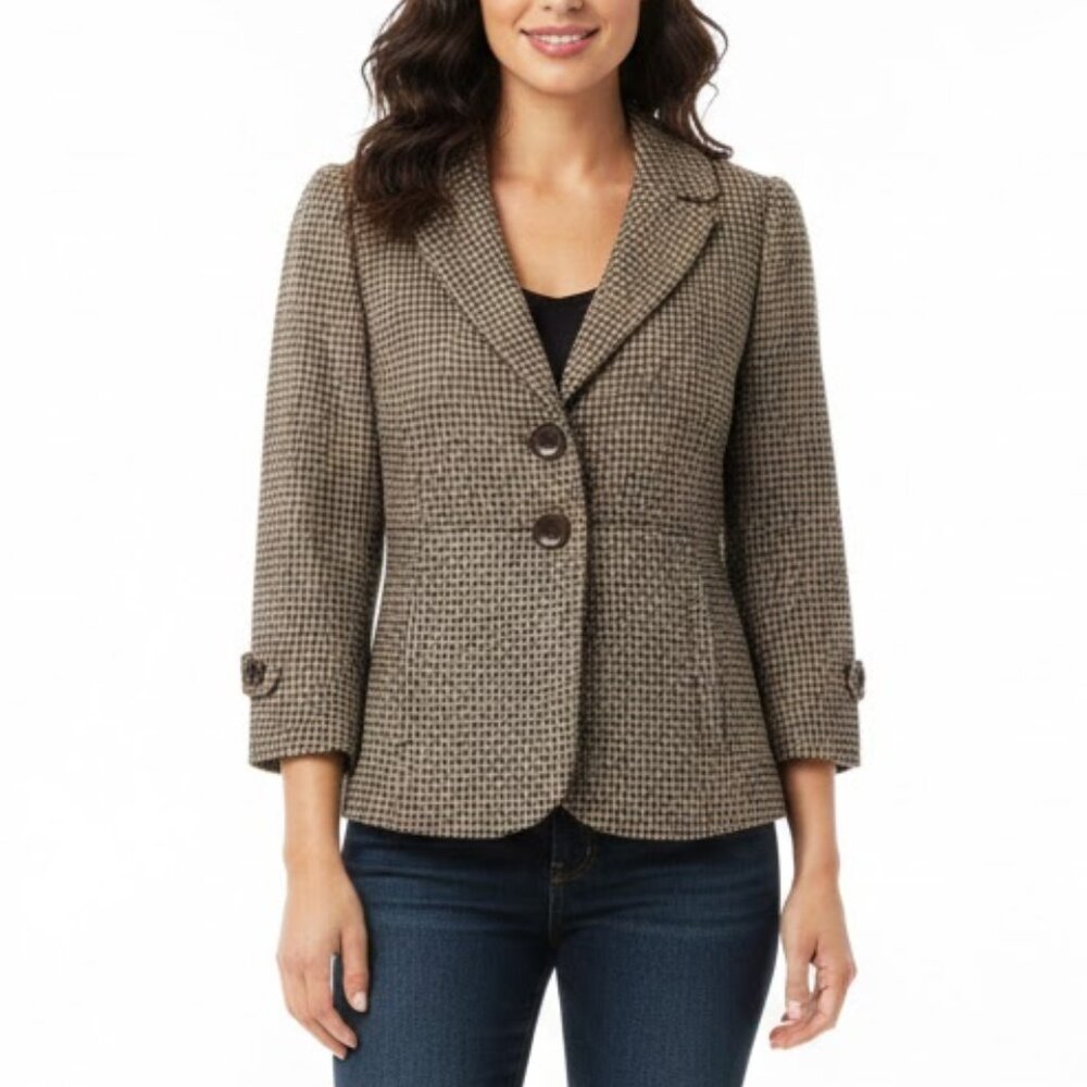 Ann Taylor Brown Houndstooth Wool Blend Blazer Jacket 3/4 Sleeve Size 6